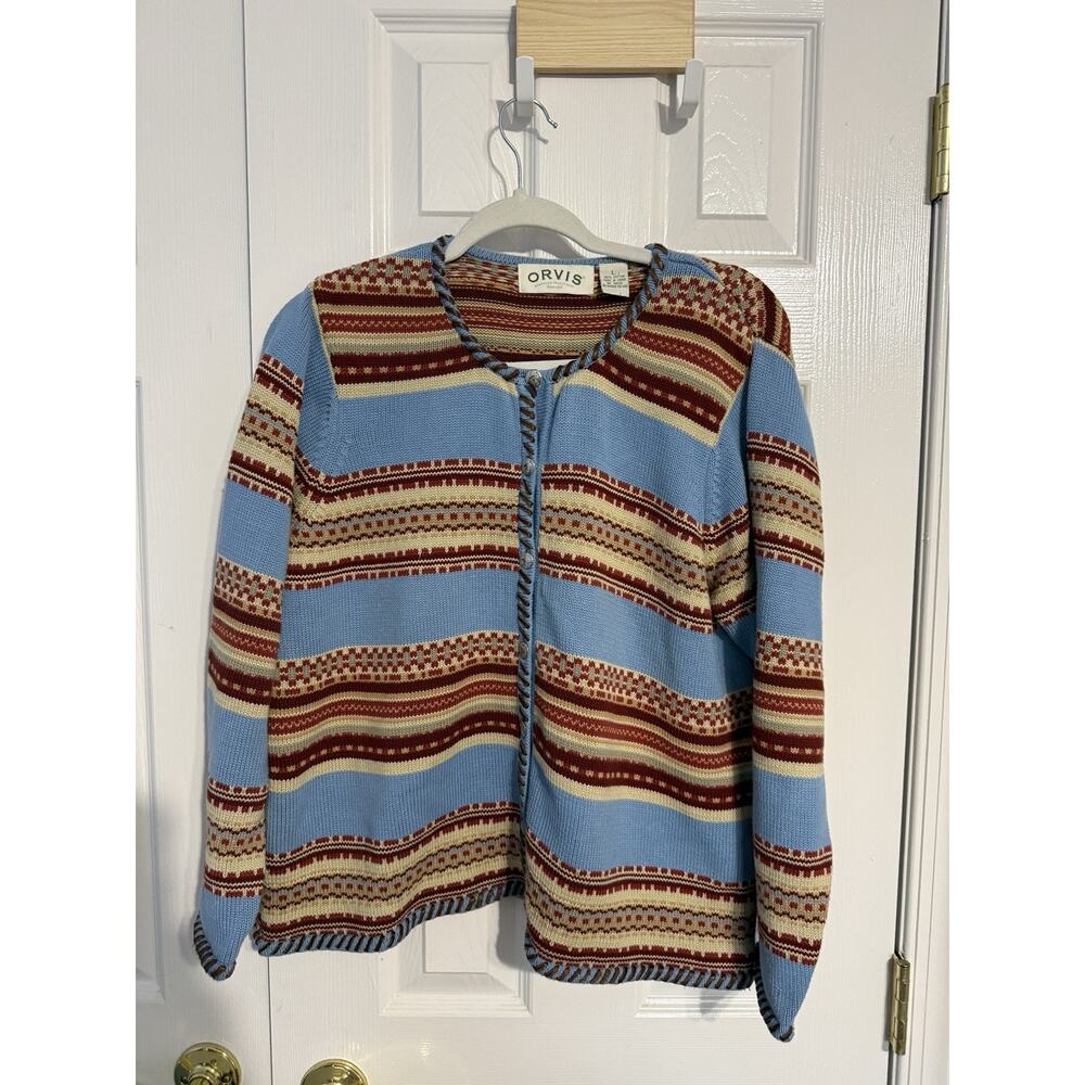 Orvis Women’s Cardigan Sweater L Blue Fair Isle Southwestern Stripe Y2K